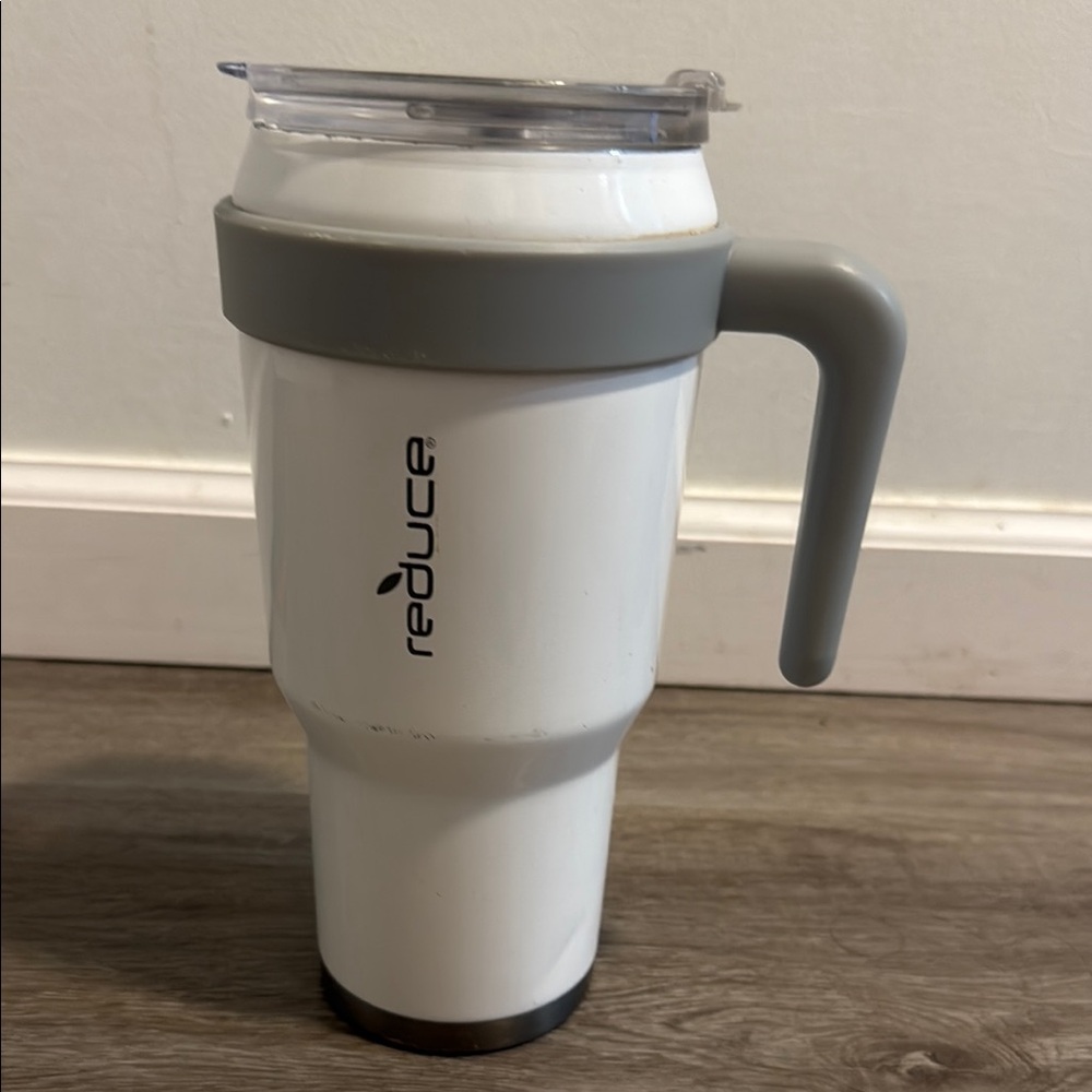 Reduce White and Gray Travel Mug